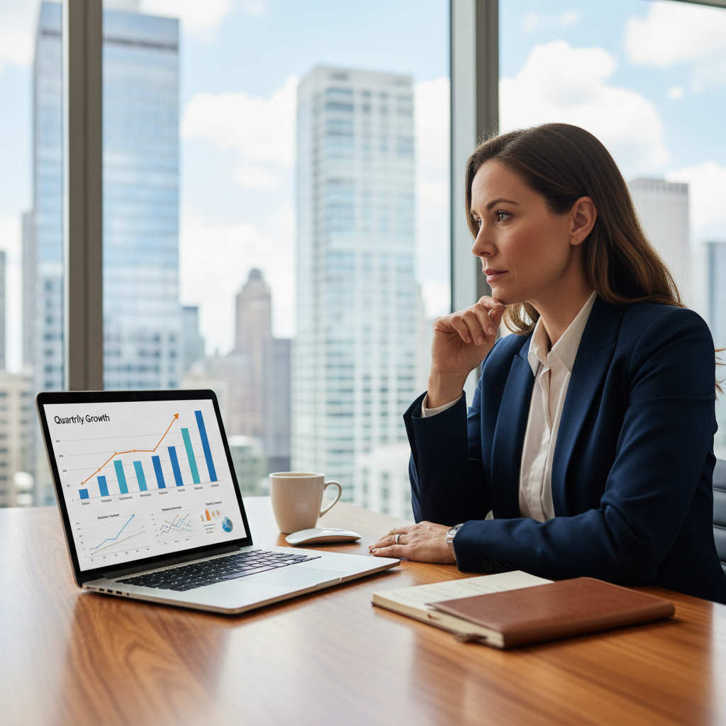 A clean, well-lit photo of a professional reviewing growth charts on a laptop, suggesting strategic analysis and forward planning