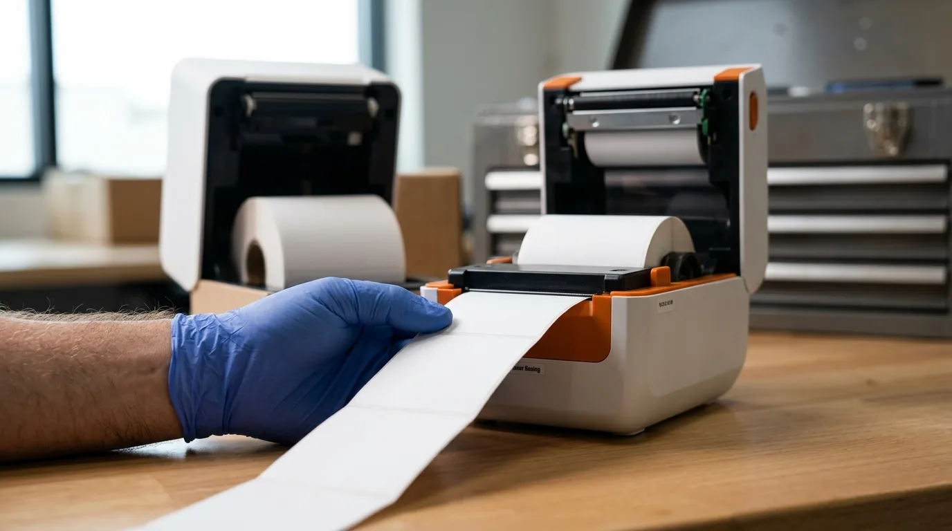 Labelprinter drukt wit rollabel af
