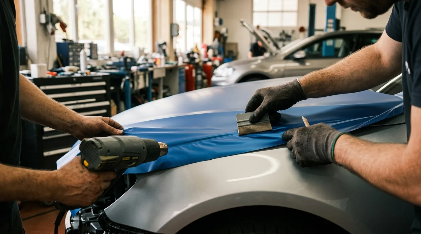 Een detailfoto van monteurs die vinylfolie aanbrengen op een auto, met focus op precisie en gereedschap.