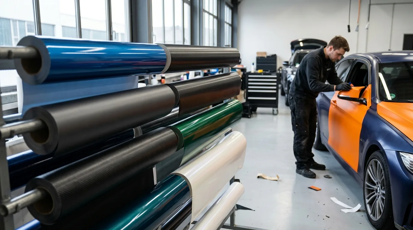 An image showing various types of wrapping foils, possibly with price tags or examples of vehicles wrapped with different foils.
