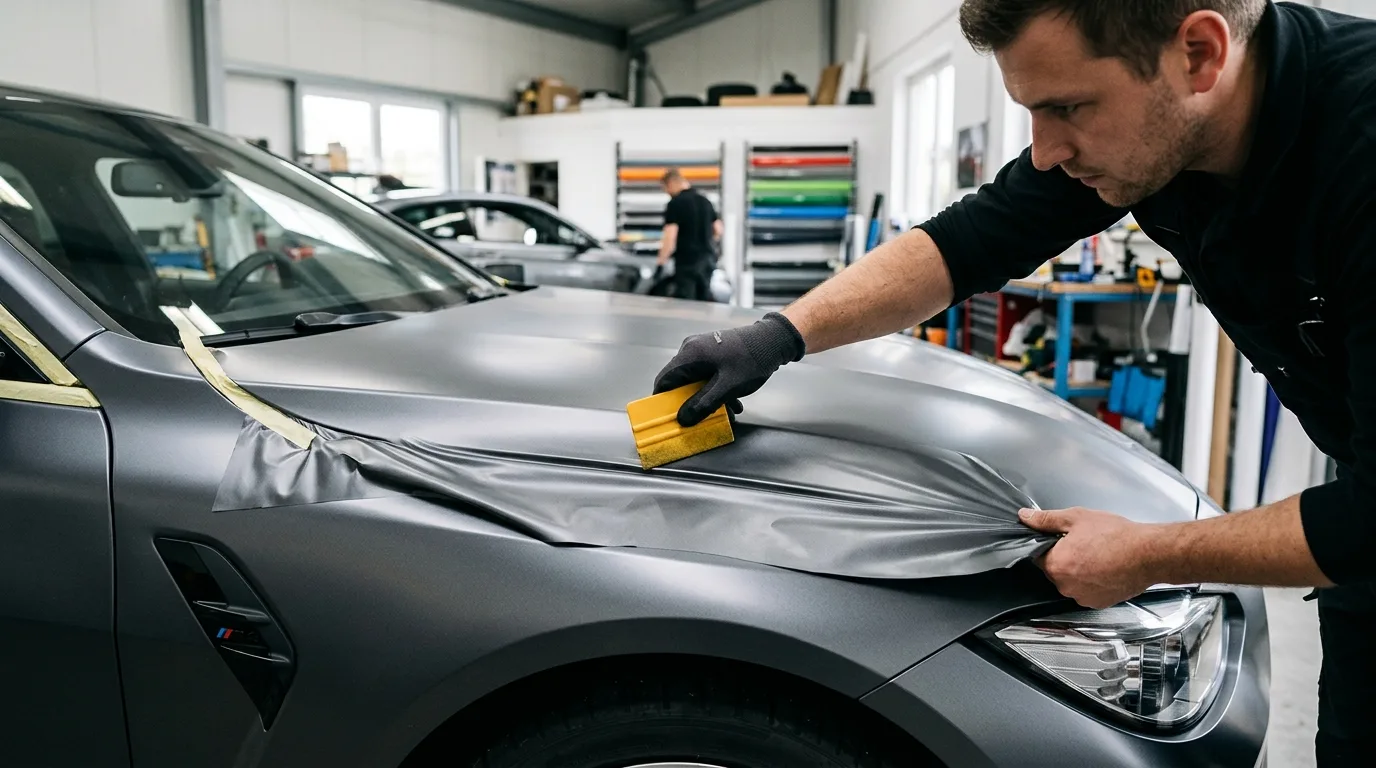 Close-up van een auto die wordt gewrapt, waarbij de vinylfolie zorgvuldig wordt aangebracht op de carrosserie.
