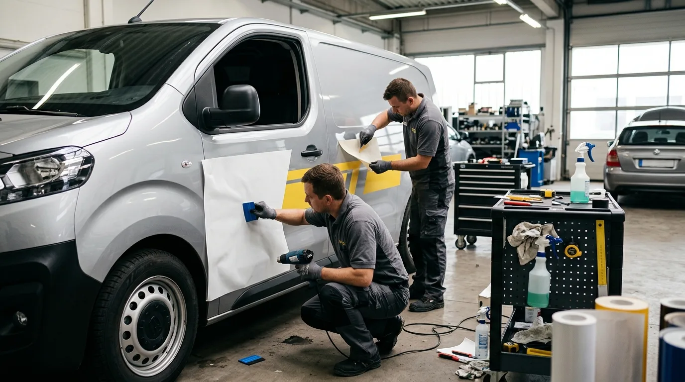 monteurs die autobelettering aanbrengen op een bedrijfsauto