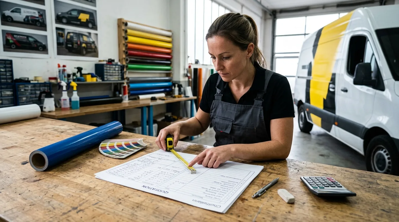 Een gedetailleerde weergave van een prijsberekening voor autobelettering, met uitsplitsing van kostenposten.