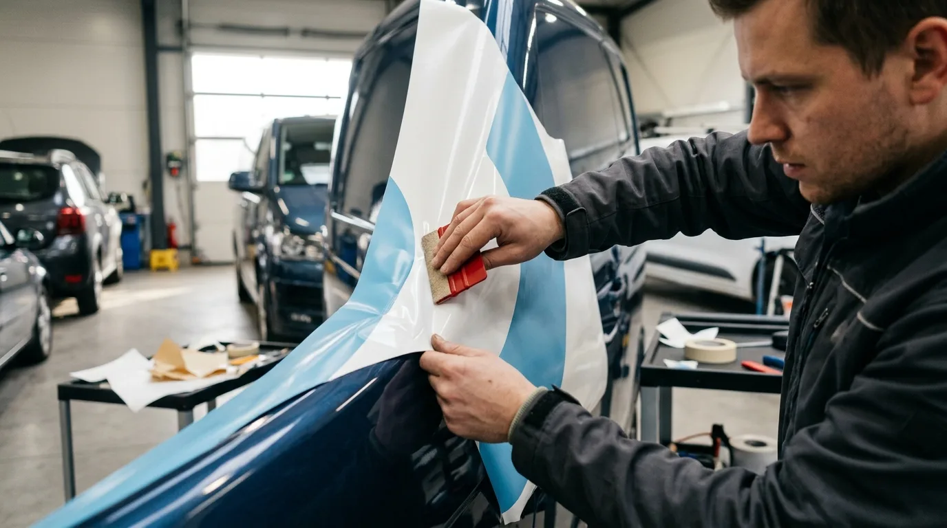 Een detailfoto van een professional die autobelettering aanbrengt, met focus op precisie en kwaliteit.
