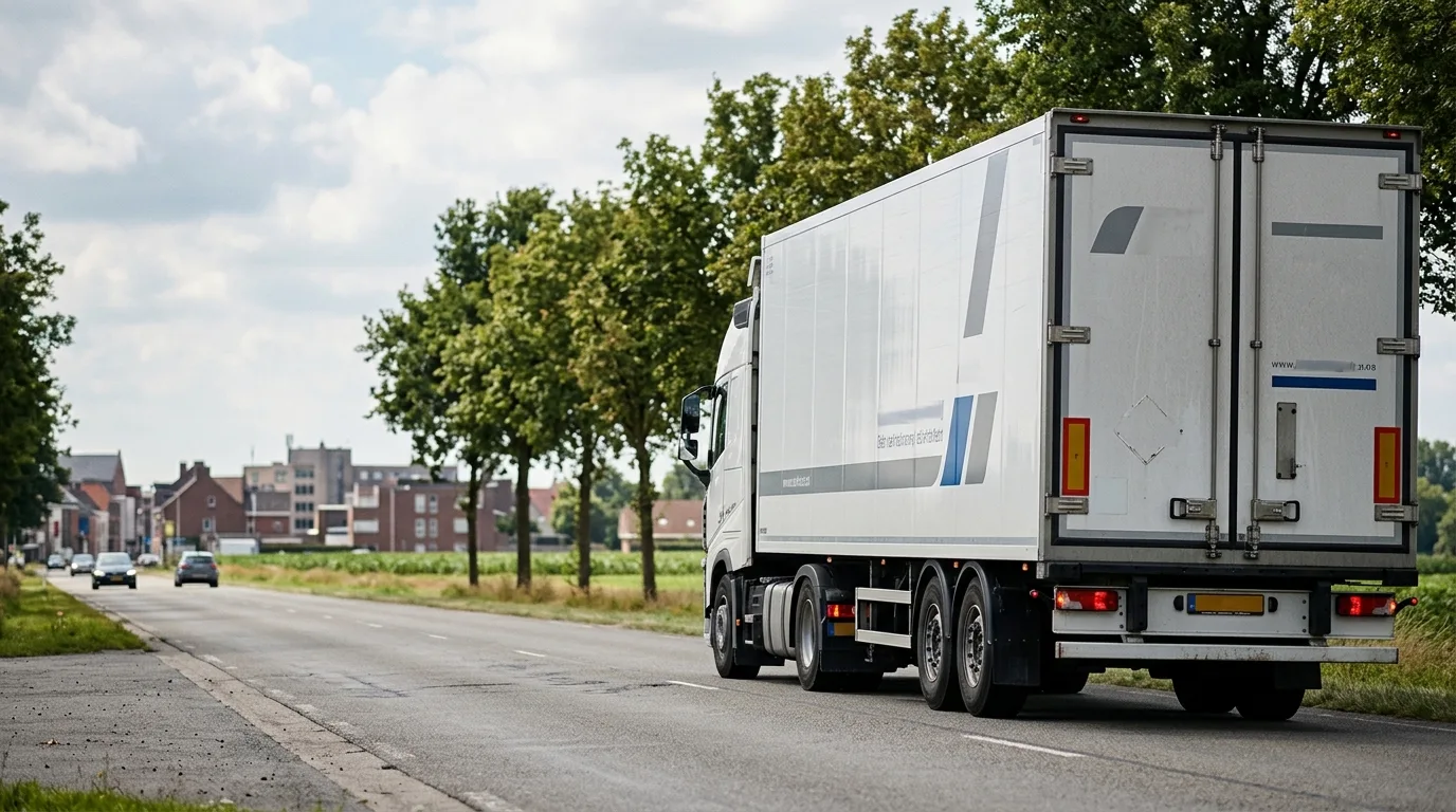 Een afbeelding van een beletterde vrachtwagen van De Letterconcurrent.