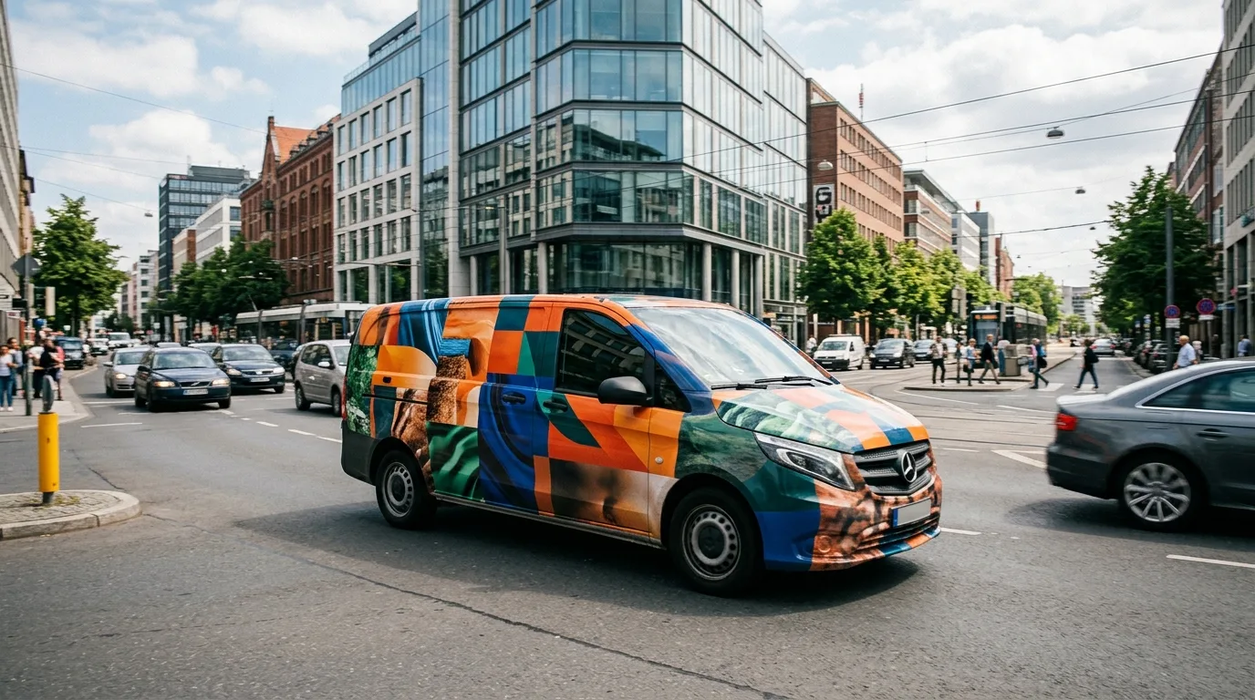 Een bedrijfsauto met opvallende autoreclame die door een stad rijdt.