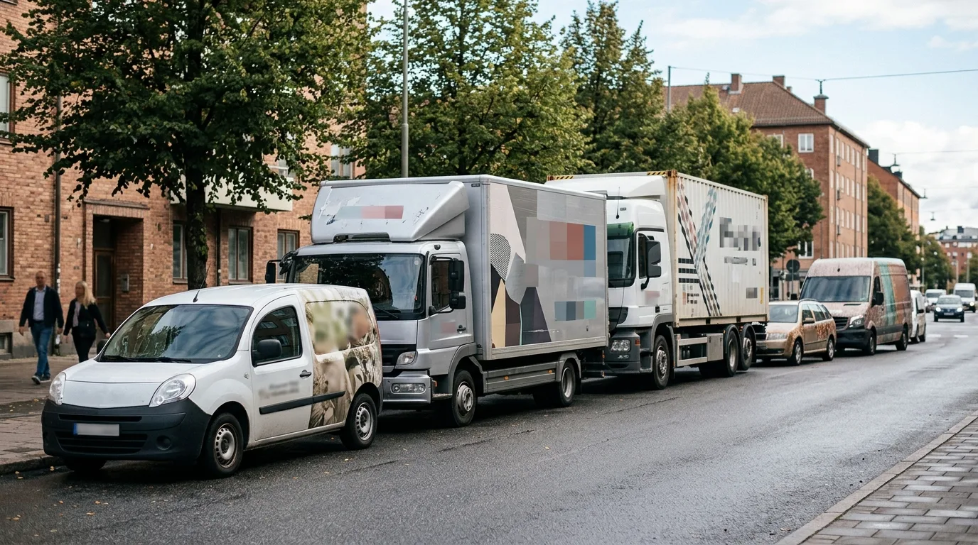 Een overzicht van diverse beletterde voertuigen, van personenauto tot vrachtwagen.