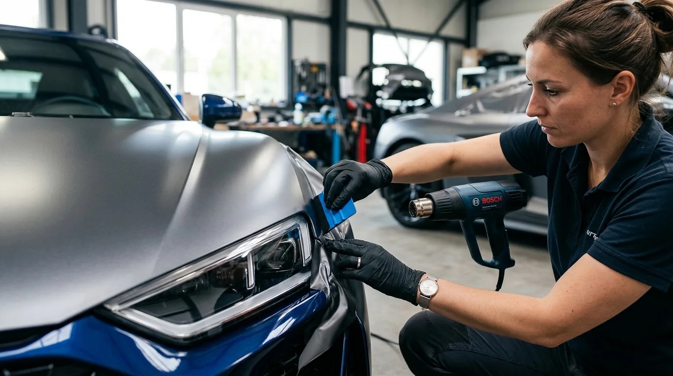 Een gedetailleerde close-up van een medewerker die hoogwaardige folie aanbrengt op een auto, met focus op de precisie en het gebruikte materiaal.
