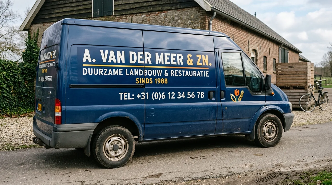 Een gedetailleerde foto van een voertuig met hoogwaardige, duurzame belettering die er na jaren nog steeds als nieuw uitziet.