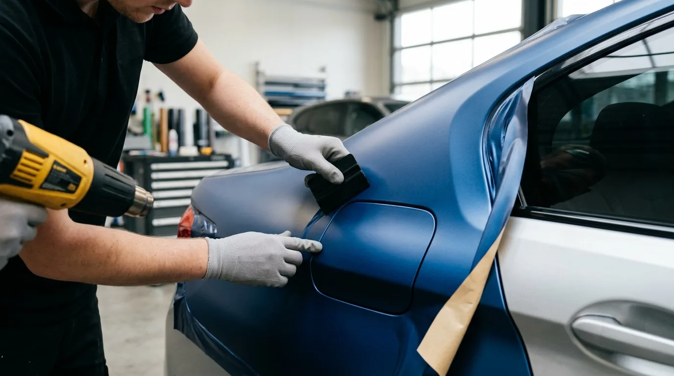 Een close-up van een auto die professioneel wordt gewrapt, waarbij de folie strak en naadloos wordt aangebracht.