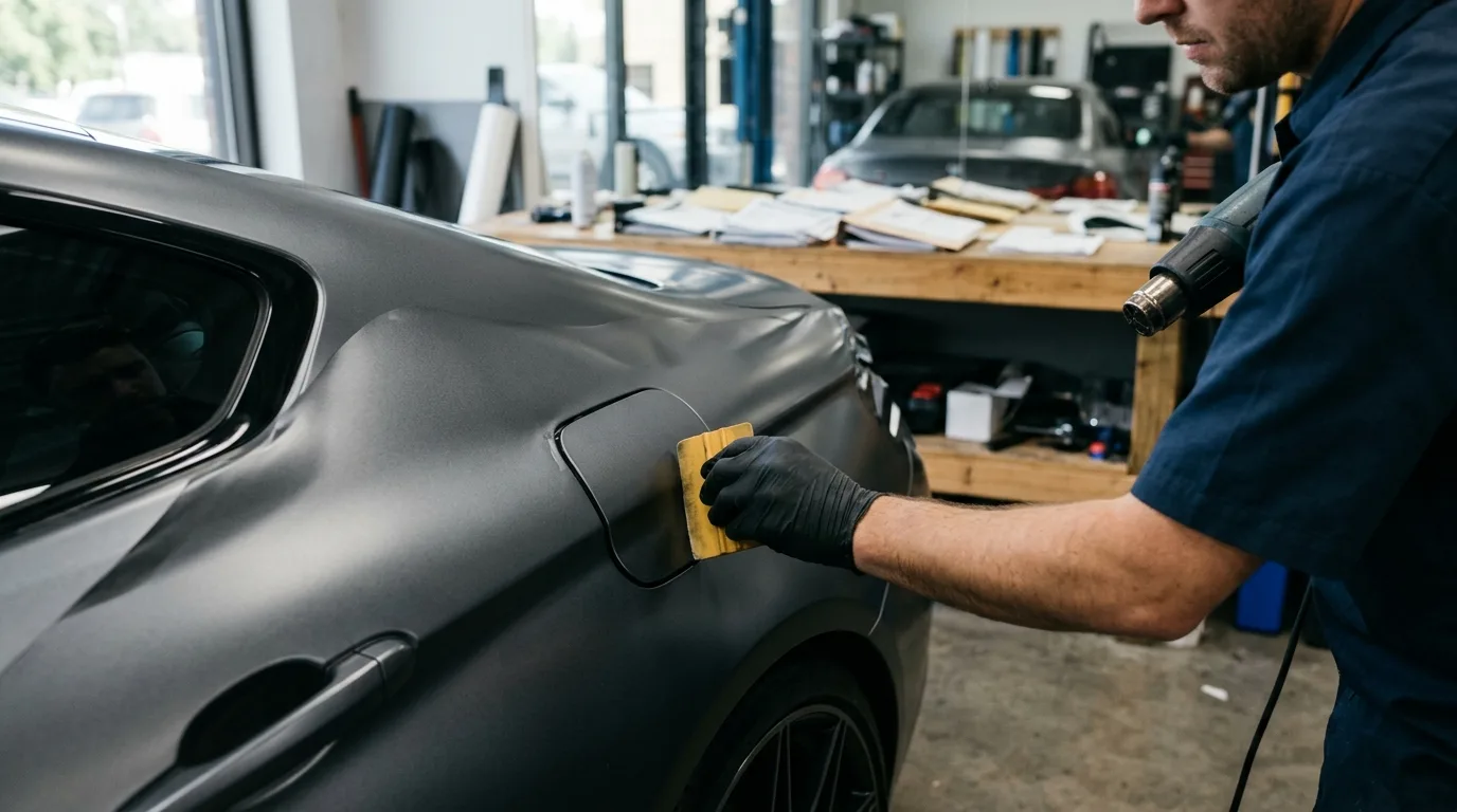 Close-up of a car being wrapped, with insurance documents subtly blurred in the background.
