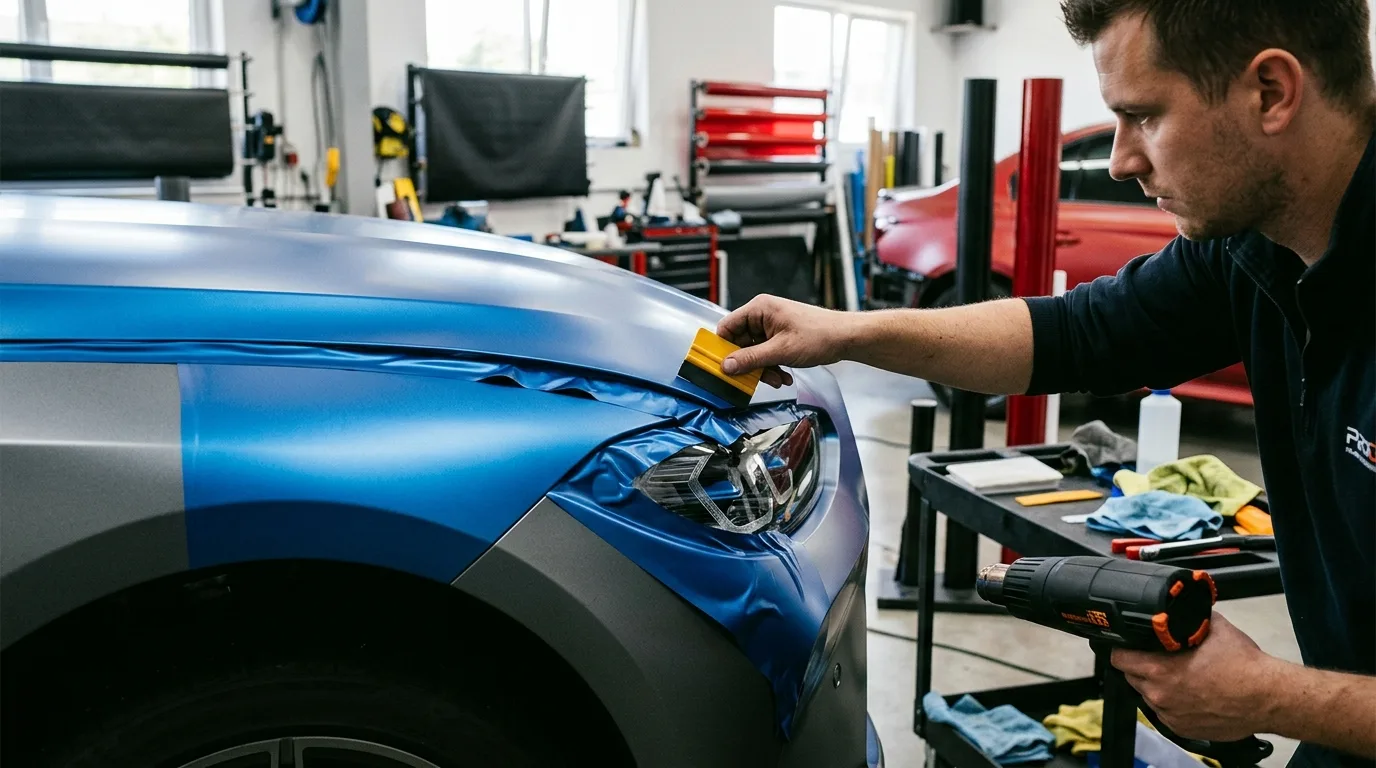 Een gedetailleerde foto van een auto die gewrapt wordt, met de focus op de folie die op een complex deel van de carrosserie wordt aangebracht.