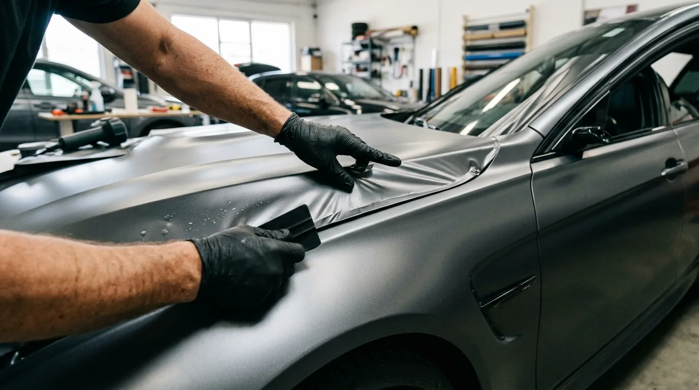 Een close-up van een auto die gewrapt wordt, met de handen van een specialist die de folie aanbrengt en luchtbellen verwijdert.