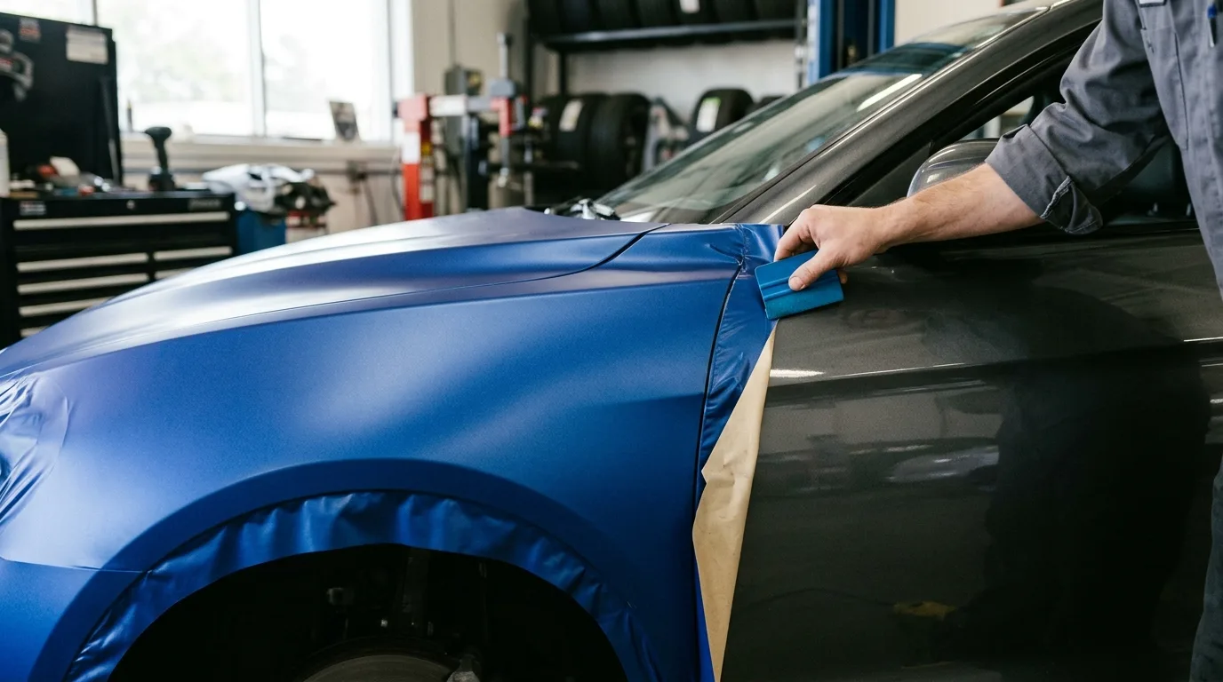 Close-up of a car with a partially applied wrap, showing both the original paint and the new wrap.