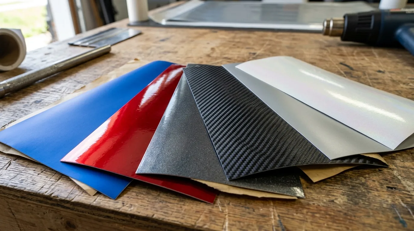Close-up of various wrap film samples (e.g., matte, gloss, metallic, carbon fiber) to illustrate different textures and finishes.