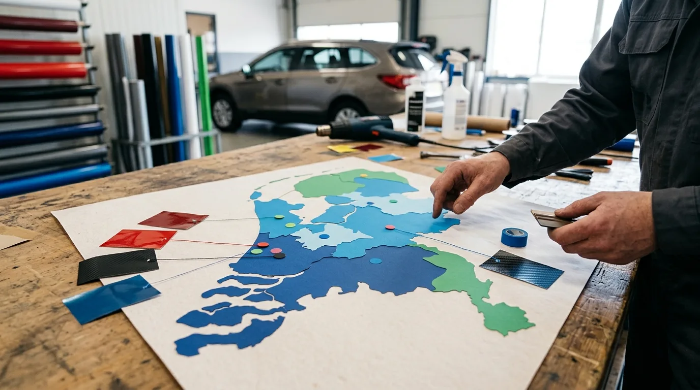 Een kaart van Nederland met verschillende prijsindicaties voor auto wrappen per regio.