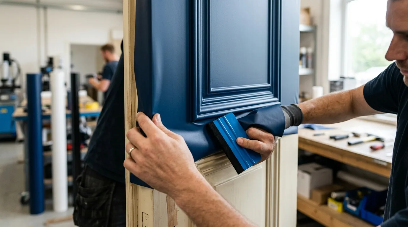 Detailfoto van een deur die gewrapt wordt, met focus op het nauwkeurig aanbrengen van de folie rond een paneel.