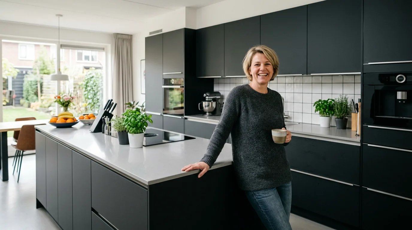 Een moderne gewrapte keuken met strakke lijnen na oplevering.