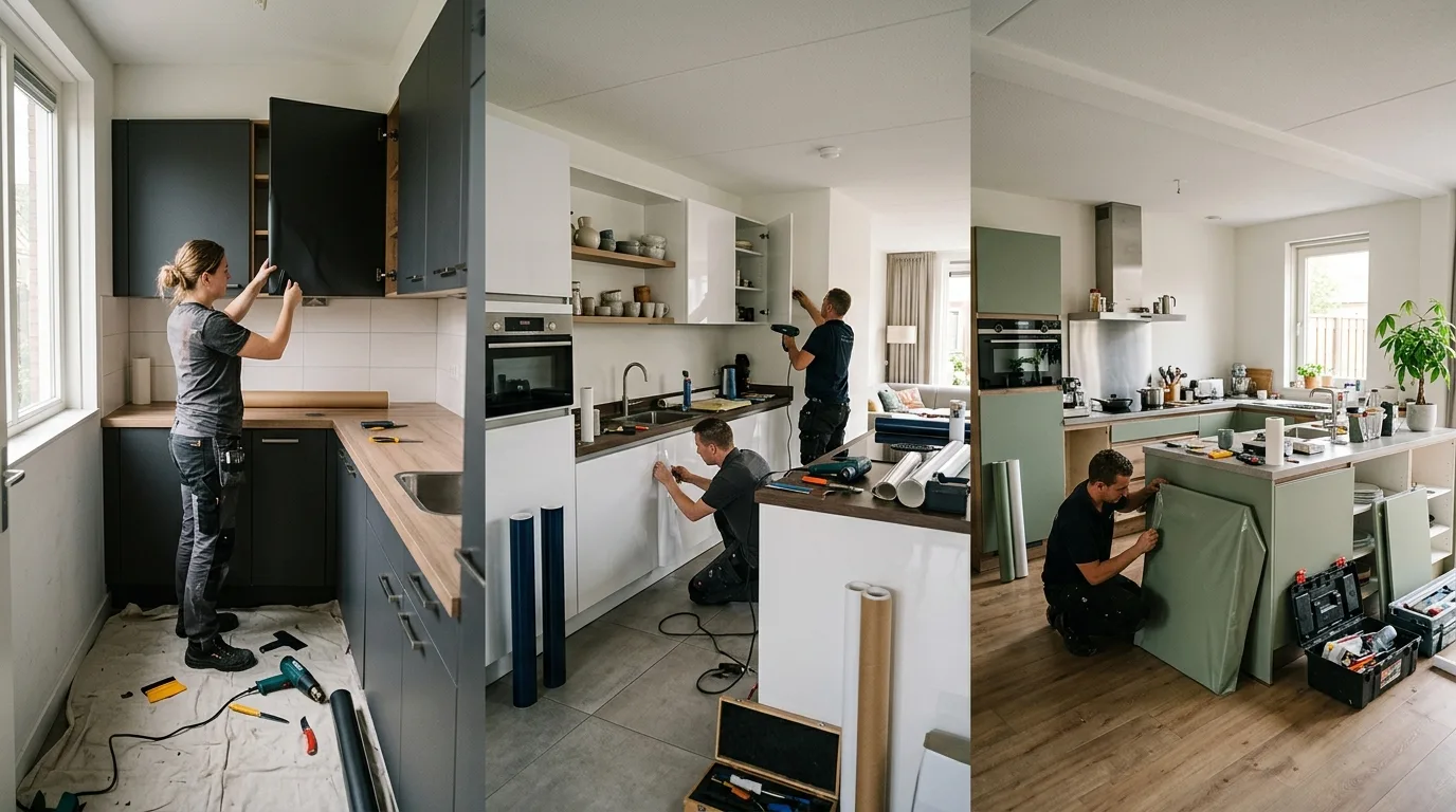 Prijsindicaties voor het wrappen van een kleine, middelgrote en grote keuken, met voorbeelden van een rechte keuken, L-keuken en U-keuken.