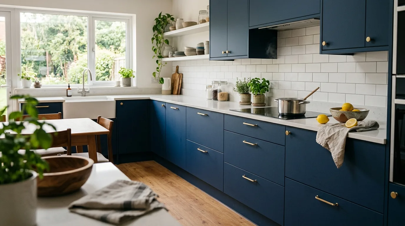 Een moderne keuken met gewrapte kastdeuren en lades met een strakke, vernieuwde afwerking.
