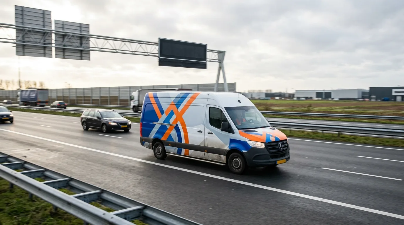 Een bedrijfswagen met een opvallende wrap in de bedrijfskleuren, rijdend op een snelweg.