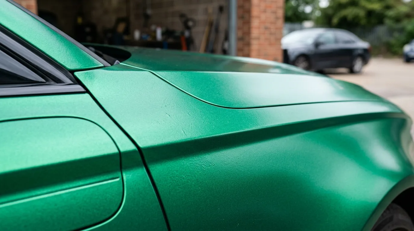 Een close-up van een gewrapte auto, waarbij de diepte en textuur van de wrapfolie duidelijk zichtbaar zijn, met een focus op de kleur en afwerking.