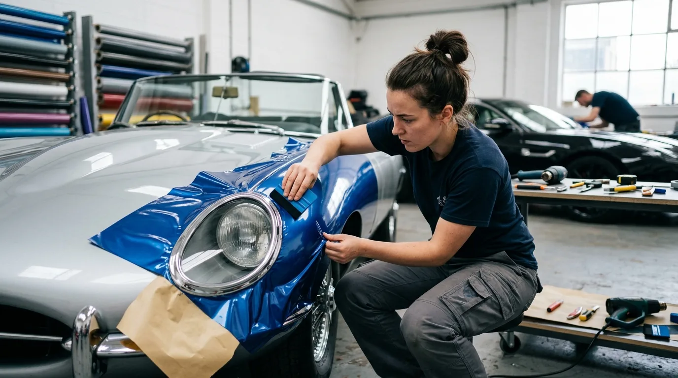 A person applying a car wrap to a vehicle, showing the precision and detail involved in the process.