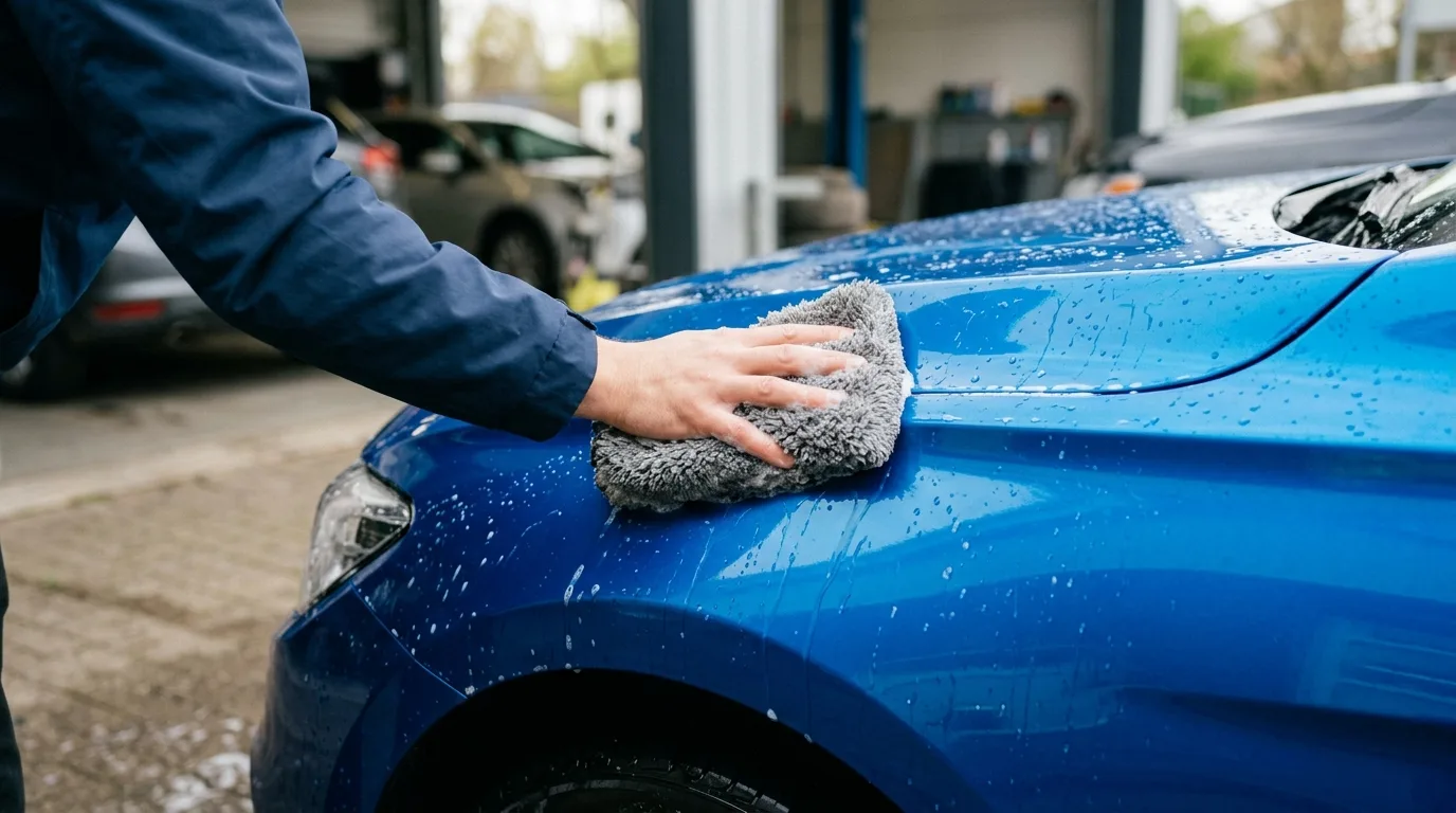 Close-up of a hand gently washing a wrapped car with a soft sponge, highlighting the vibrant color of the wrap.
