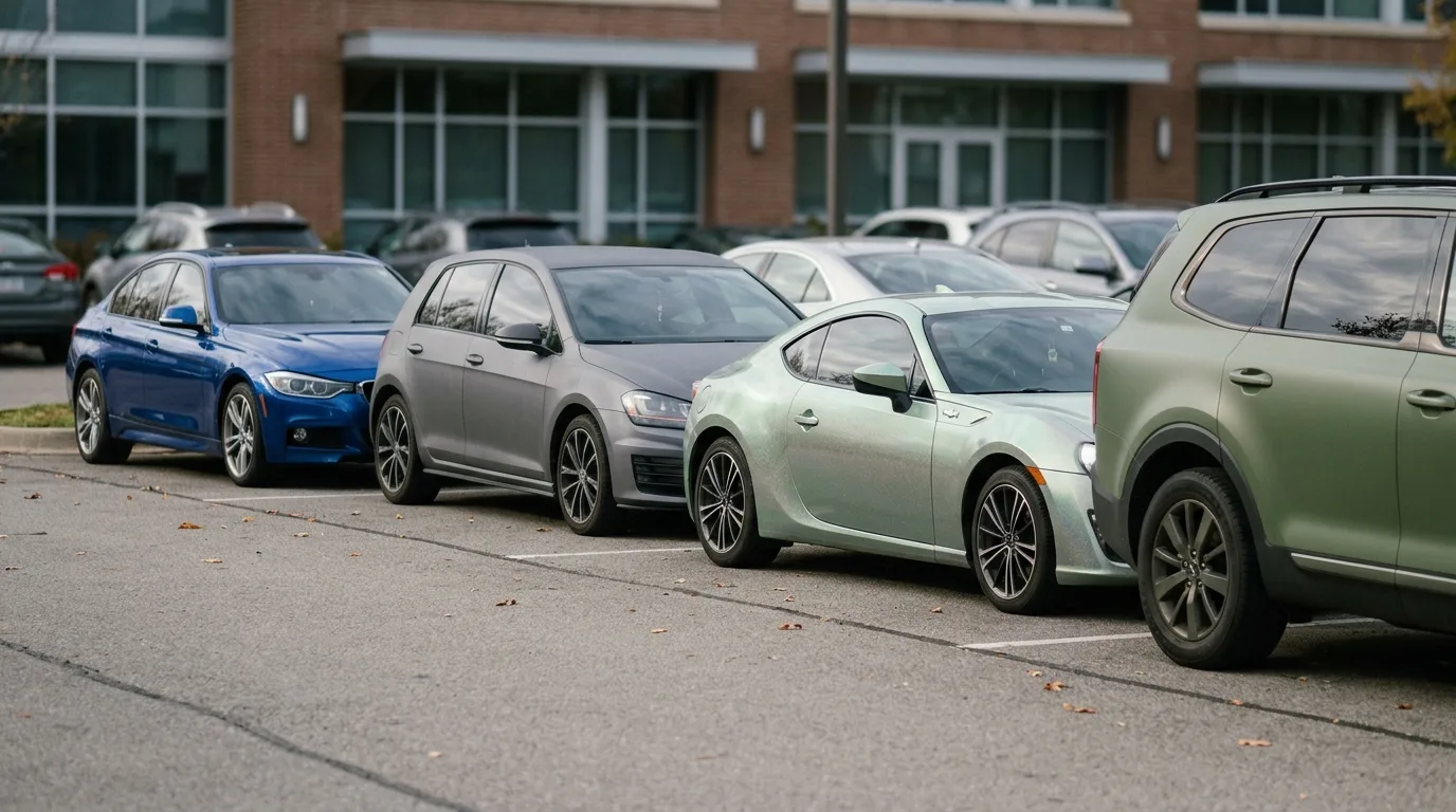 Verschillende auto's met diverse wrapfolie afwerkingen (glans, mat, metallic) naast elkaar geparkeerd.