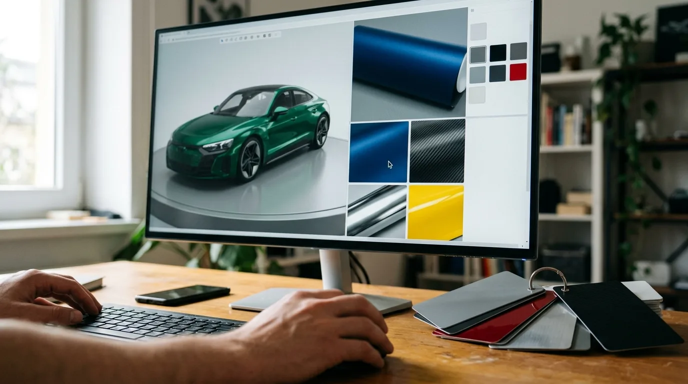 Een computerscherm toont een 3D-model van een auto met verschillende wrap-kleuren en afwerkingen, met kleurstalen ernaast.