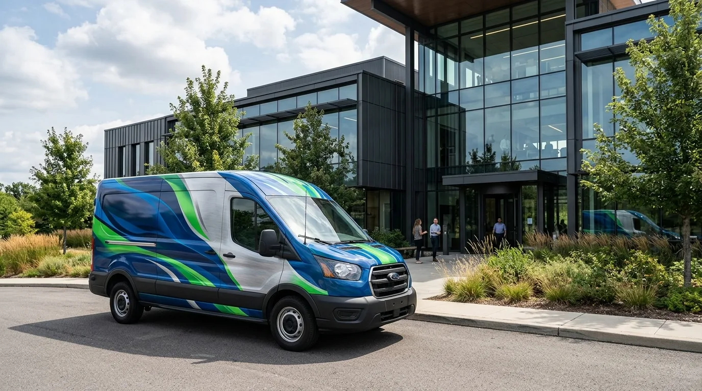 Een bedrijfsauto met een opvallende, professionele wrap die de merkidentiteit weerspiegelt, geparkeerd voor een modern kantoorgebouw.