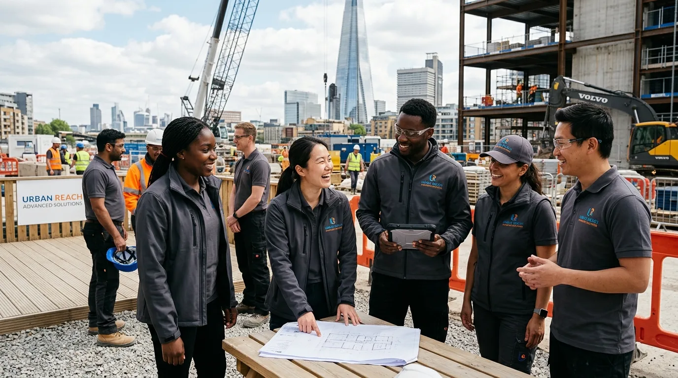 A diverse team of professionals wearing matching branded workwear with a clearly visible company logo, photographed in a modern workplace or outdoor job-site setting