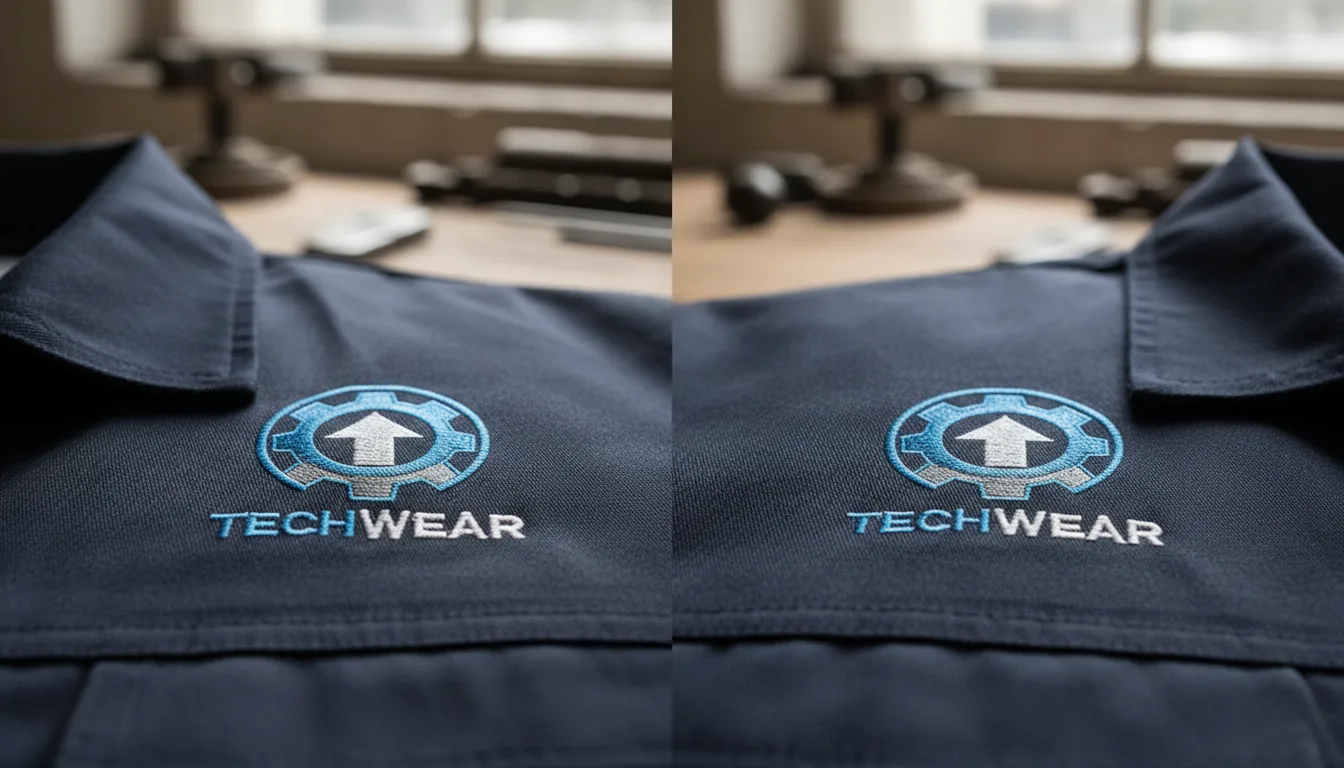 Side-by-side close-up comparison of an embroidered company logo versus a screen-printed logo on dark work jackets, showing texture and detail differences