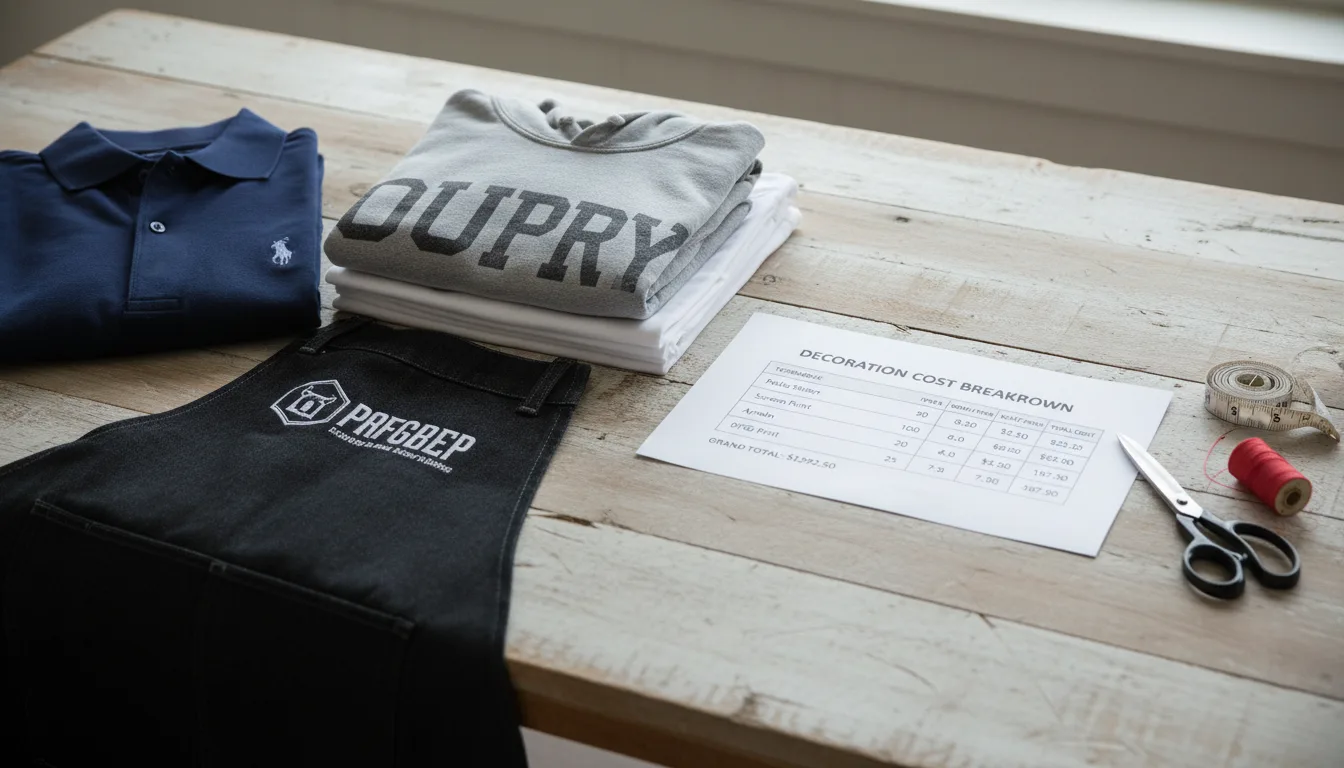 A flat-lay of branded work garments next to a printed cost breakdown sheet, showing different decoration techniques and quantities
