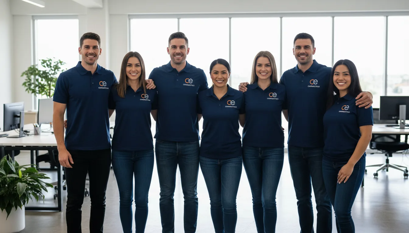A team of employees in matching branded workwear in a professional work environment, clearly showing a company logo printed on shirts, illustrating team cohesion and brand visibility