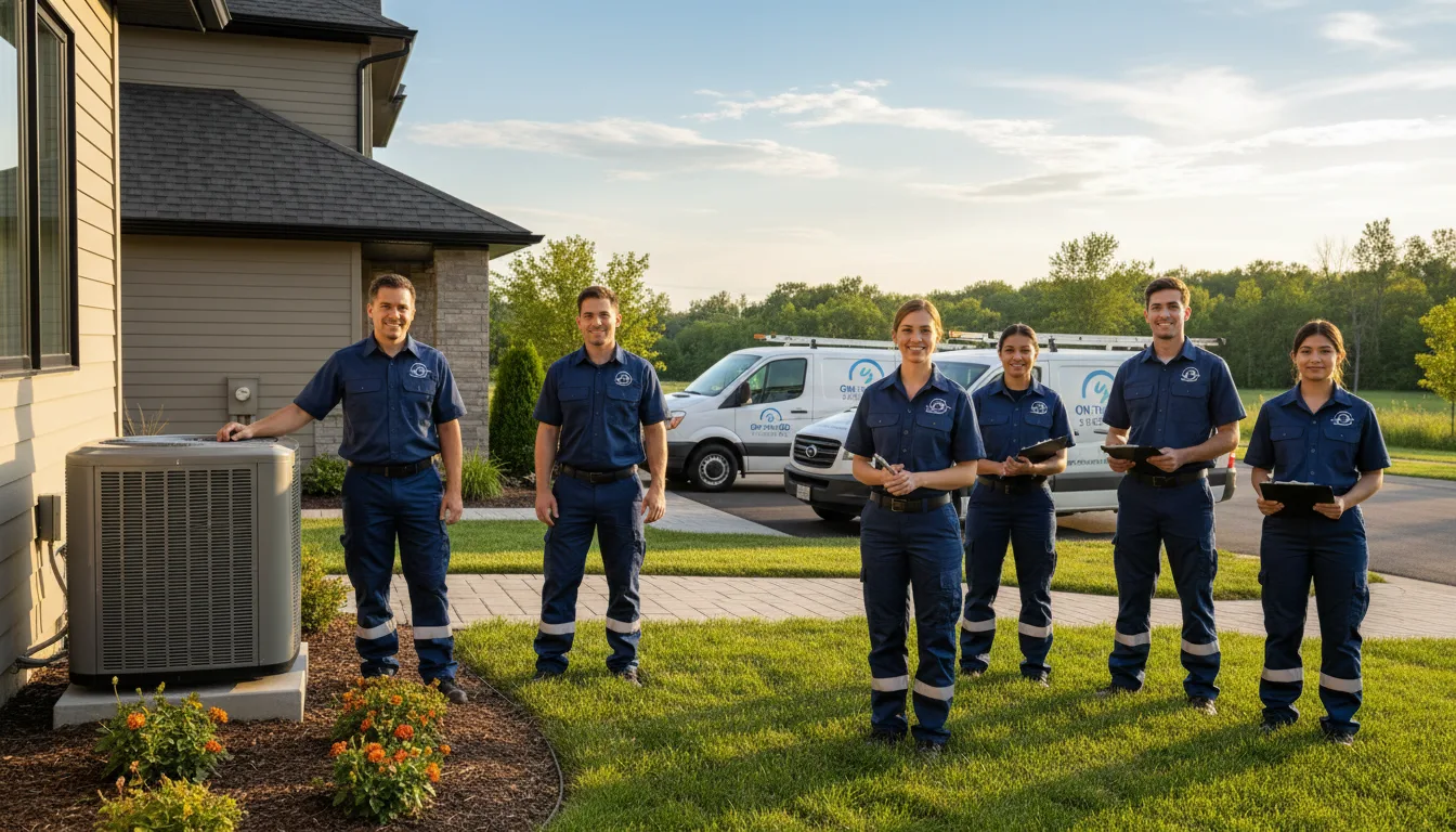 A team of uniformed employees wearing branded workwear with a clearly visible company logo, photographed outdoors at a client location to illustrate mobile brand visibility