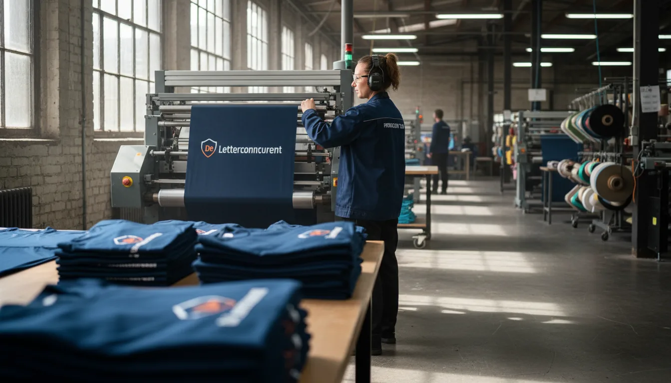 A production specialist at De Letterconcurrent operating textile printing equipment, with branded workwear garments visible in the foreground, showing the in-house production process.