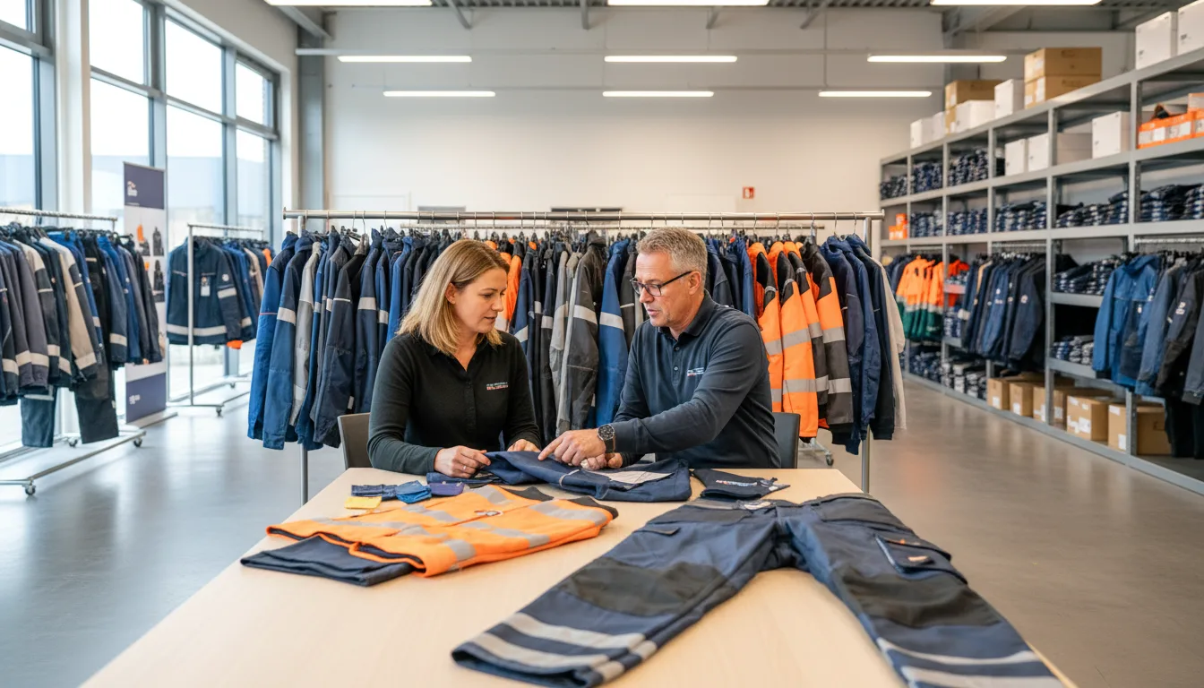 A customer and De Letterconcurrent consultant reviewing workwear samples in the Enschede showroom, with branded garments displayed on a rack in the background